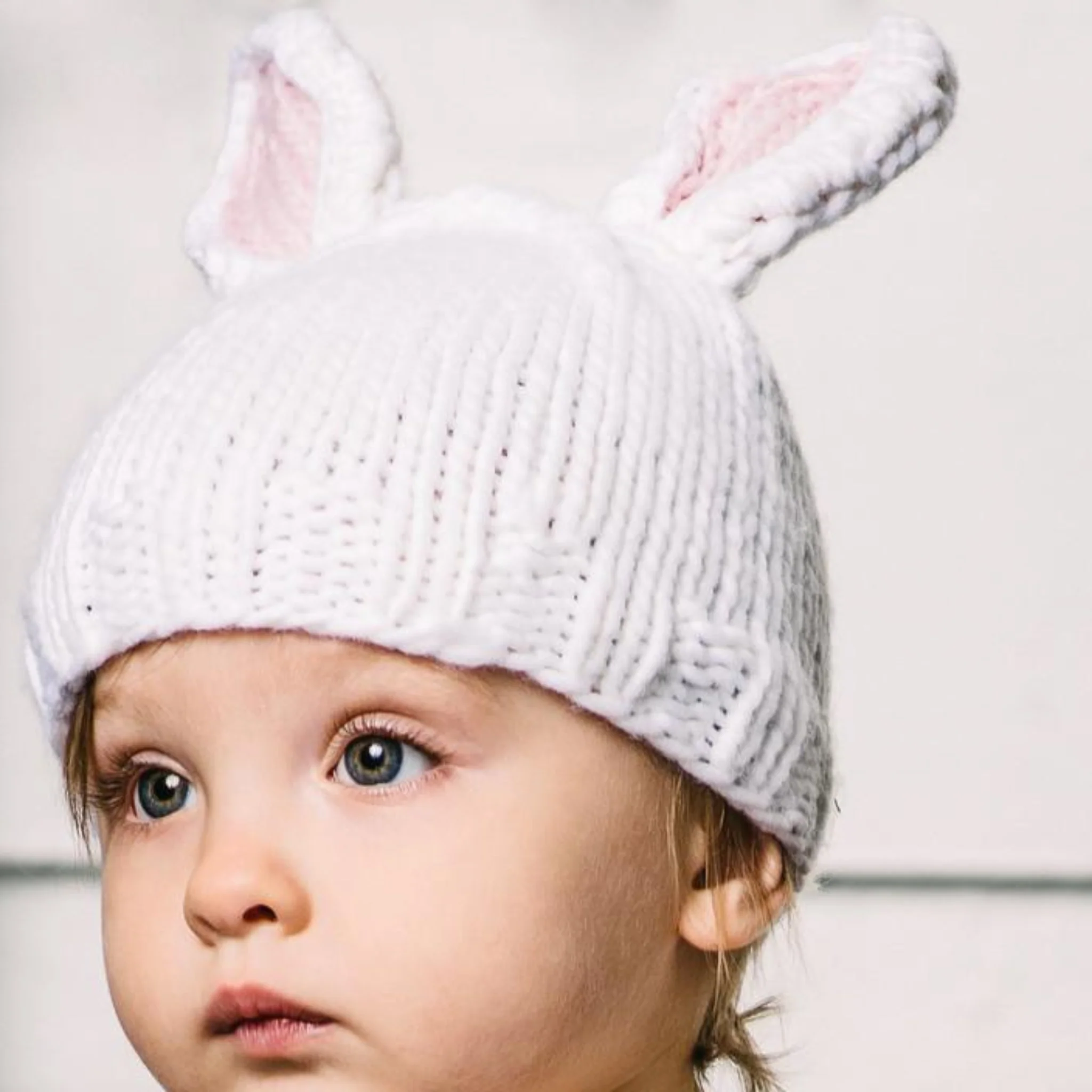 Bailey Bunny Hand-Knit Hat, White with Pink Ears - Image 3