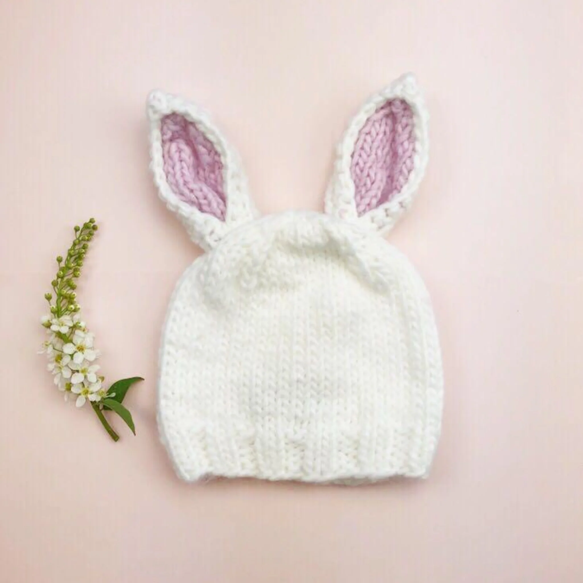 Bailey Bunny Hand-Knit Hat, White with Pink Ears - Image 4