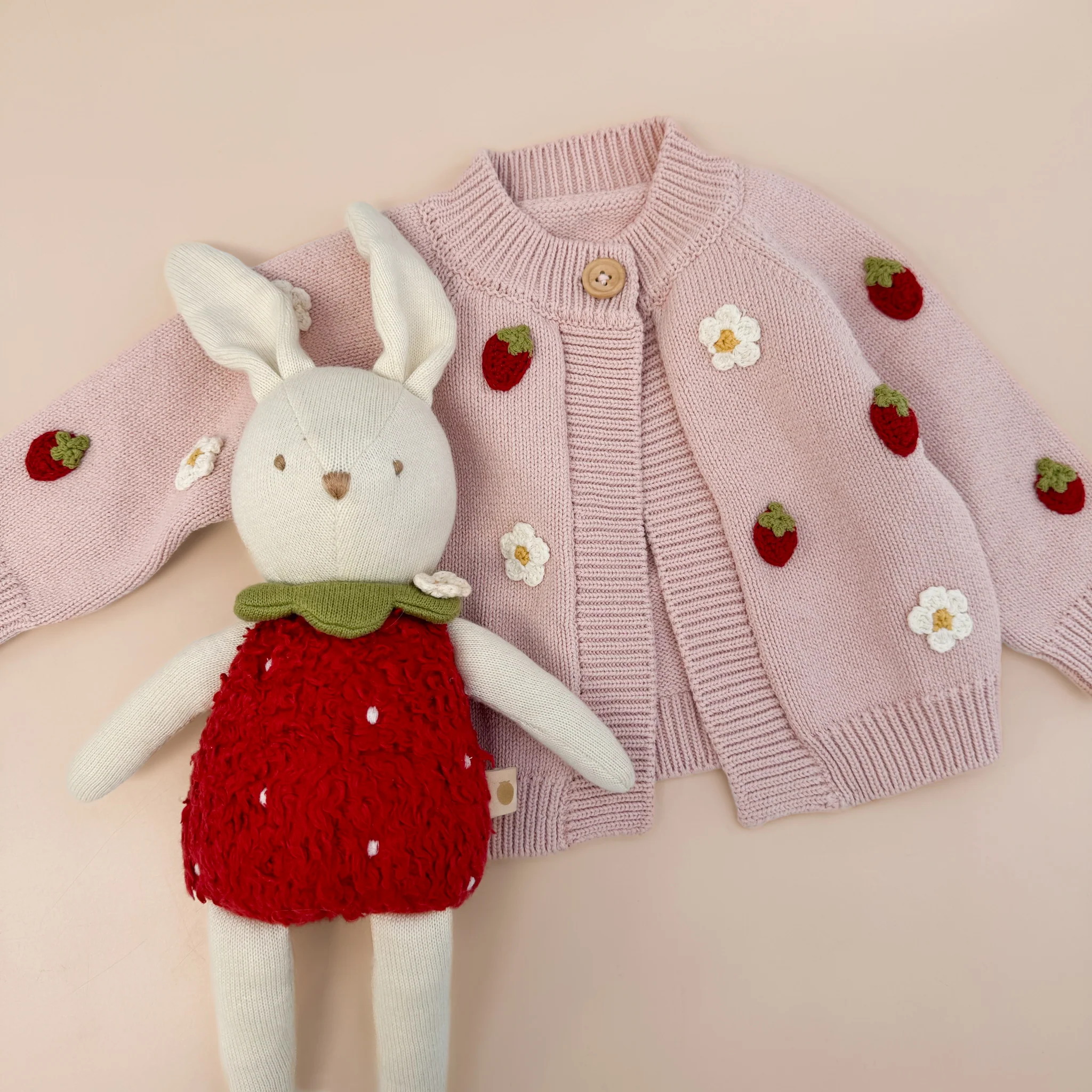 Cotton Strawberry Flower Cardigan, Blush - Image 3